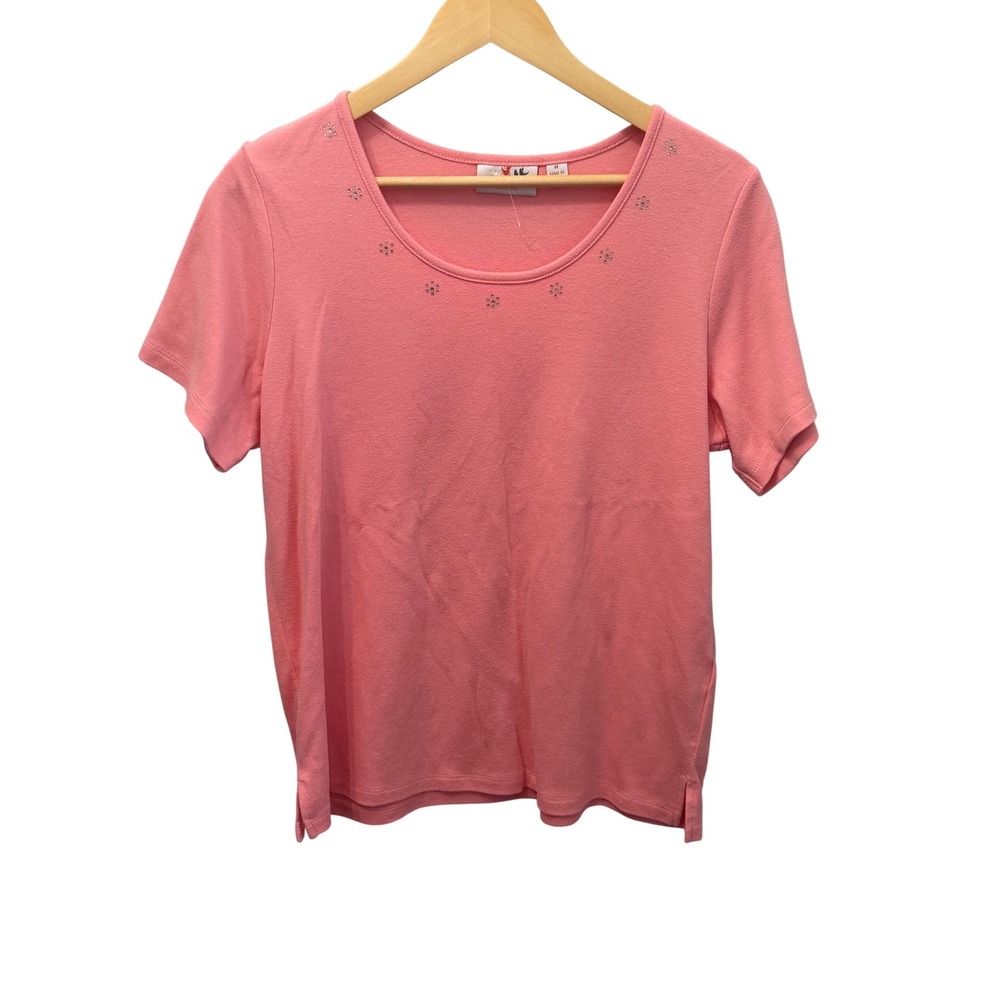 Quacker Factory Pink Rhinestone Flower Embellished Scoop Neck Shirt M A472429